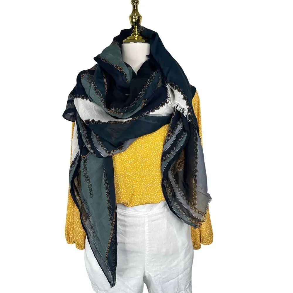 Oversized Navy Teal Chain Print Scarf Wrap Shawl Lightweight Fringe